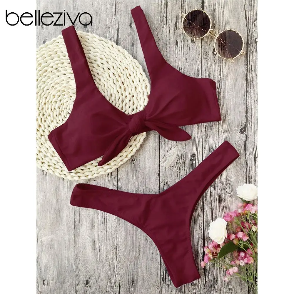 Belleziva завязанное спереди на узел Стринги Мягкий комплект бикини сексуальный