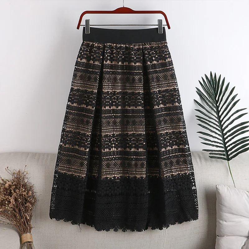 

F27 New Autumn Winter High Waist A-Line Skirt Zipper Lace Hollow Out Embroidery Mid-Length Skirt