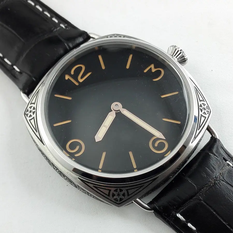 Ручные часы parnis 47 мм механизм чайки черный циферблат резьба по дереву военные
