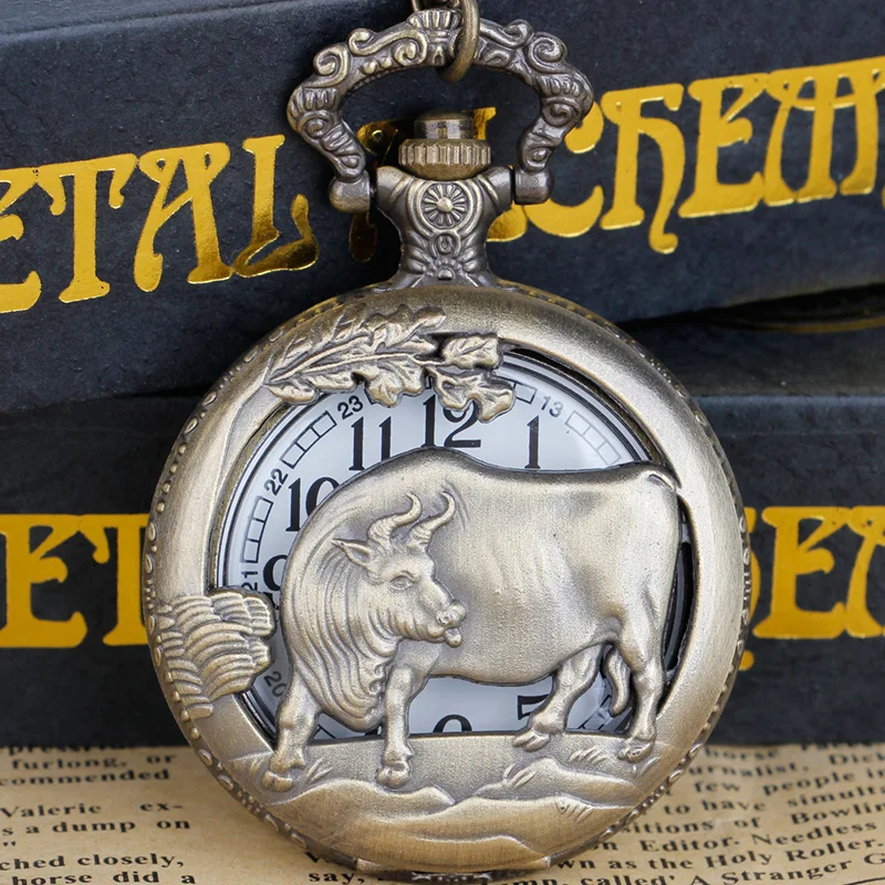 

Vintage Ox Hollowed Out Carved Quartz Pocket Watch Exquisite Gift Twelve Zodiac Men Women Small Clock