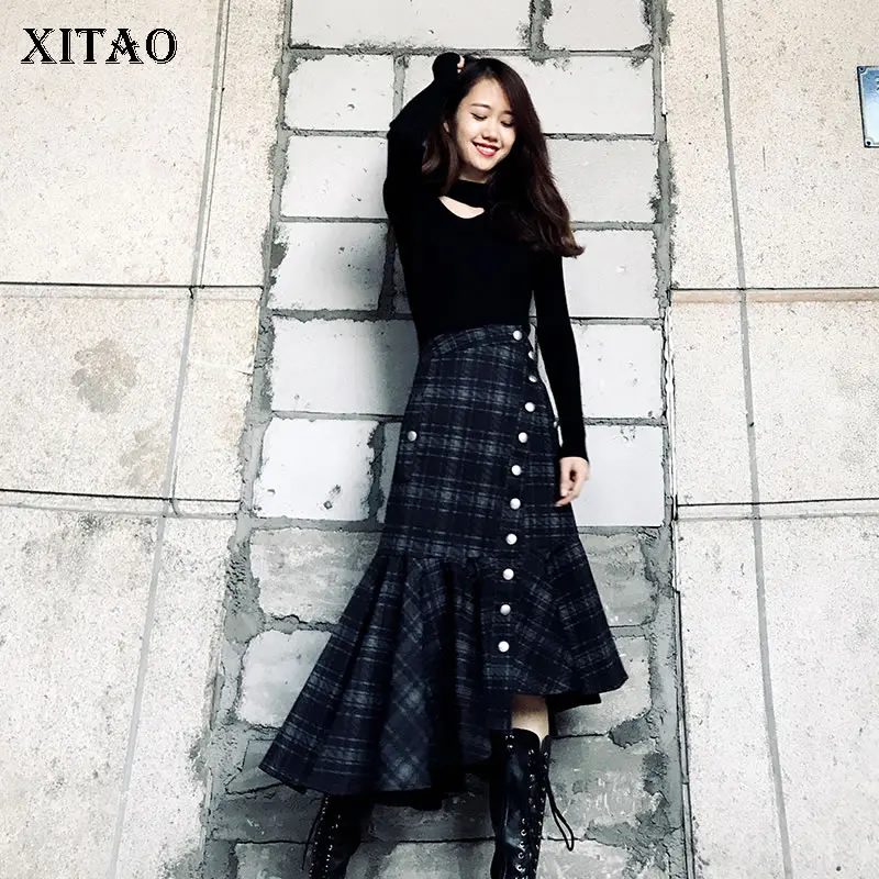 XITAO Асимметричная юбка винтажная клетчатая пуговица дизайн длинные юбки модные