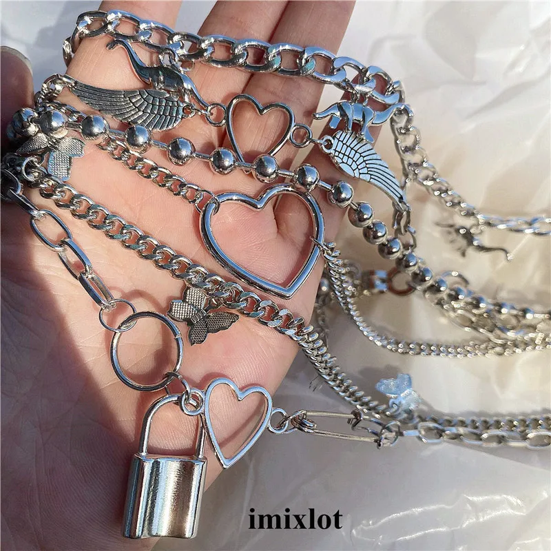 Kpop панк винтажное готическое ажурное сердце перо кулон Металлические Цепи чокер