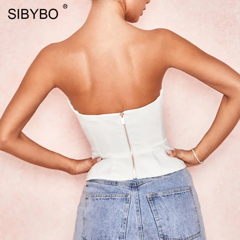SIBYBO/пикантные Женские топы из искусственной кожи с открытыми плечами, без бретелек, тонкий топ на молнии сзади, женский белый летний топ на бретелях с открытой спиной
