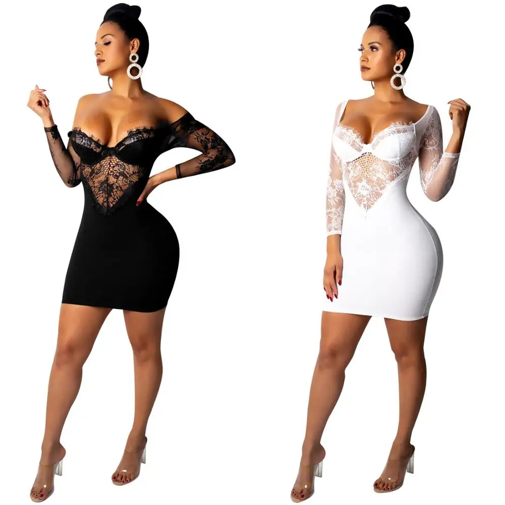 

Women Long Sleeve Lace Mini Dress Sexy Backless Mesh See Through Evening Party Dresses Elegant Office Lady White Dress
