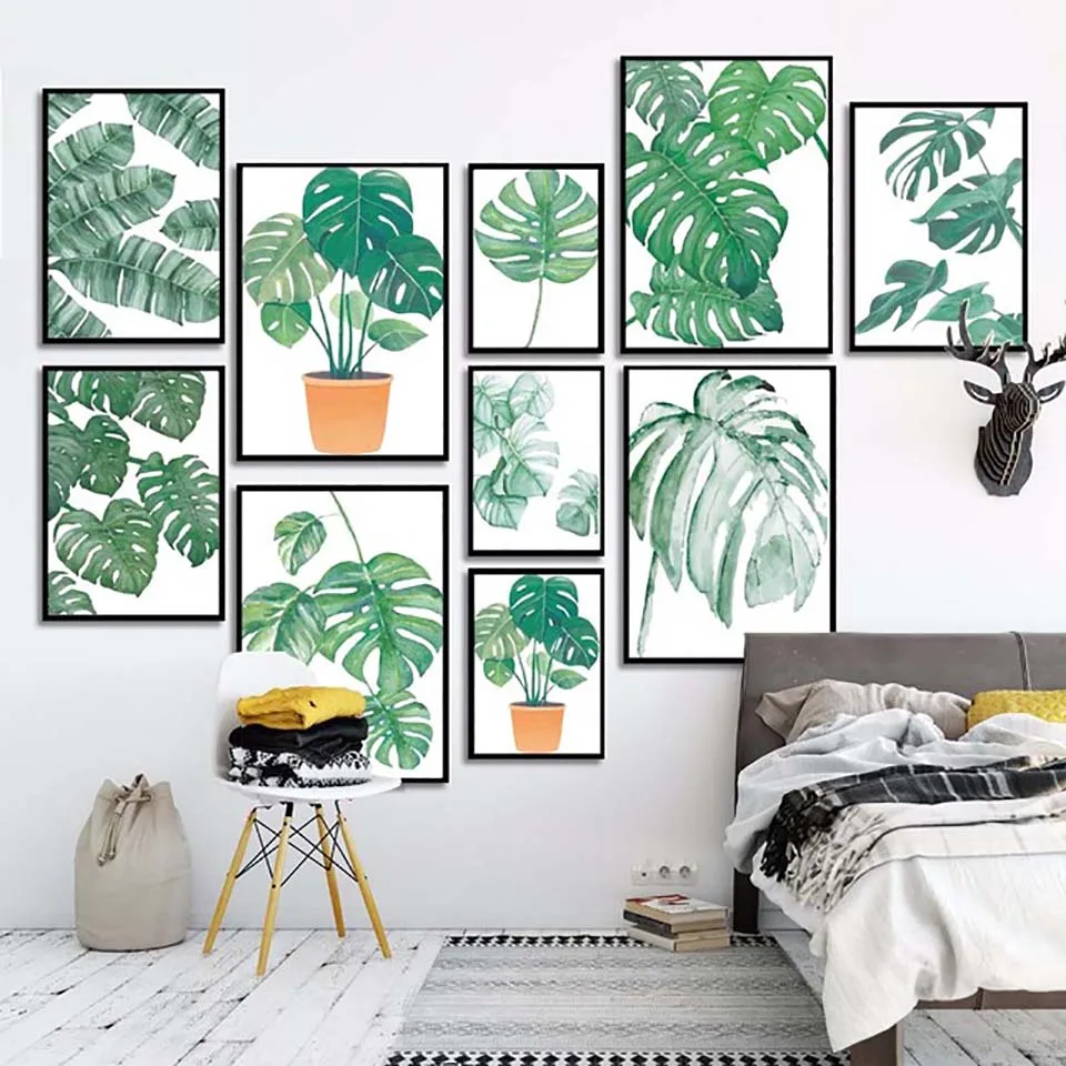 

Nordic Watercolour Green Plant Leaf Canvas Painting Modern Poster Minimalist Home Decoration Wall Art Pictures For Living Room