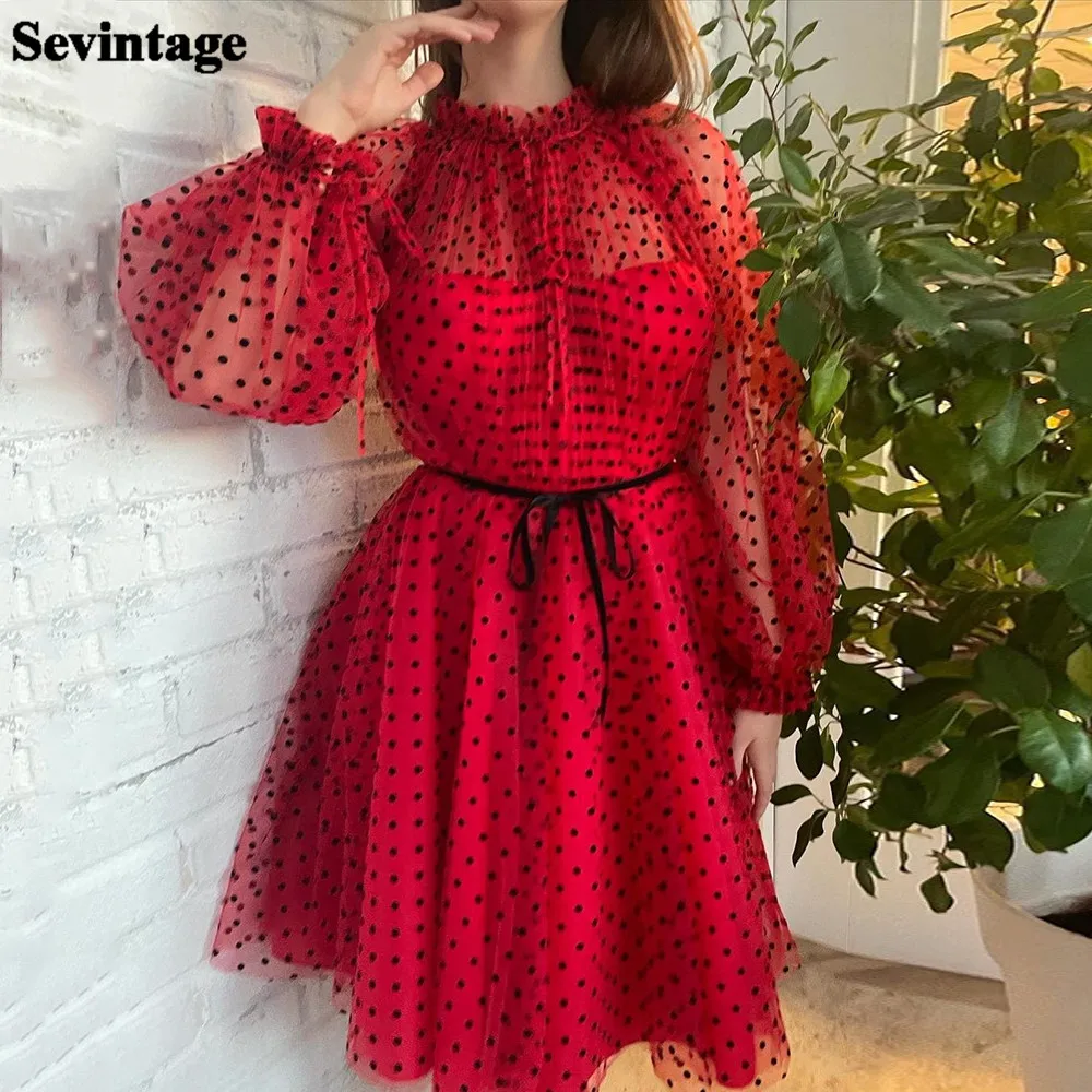 

Sevintage, красные, черные, в горошек, модель 2022, трапециевидная, с длинным пышным рукавом, средней длины, вечерние, строгие платья для выпускного ...