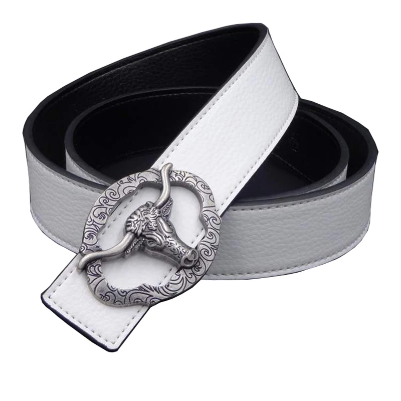 

2017 Fashion Men's White Leather Belt Wild Cowboy Belt Western Cowboy Style Hip Hop Rock Jeans Strap Metal Animal Taurus Buckle