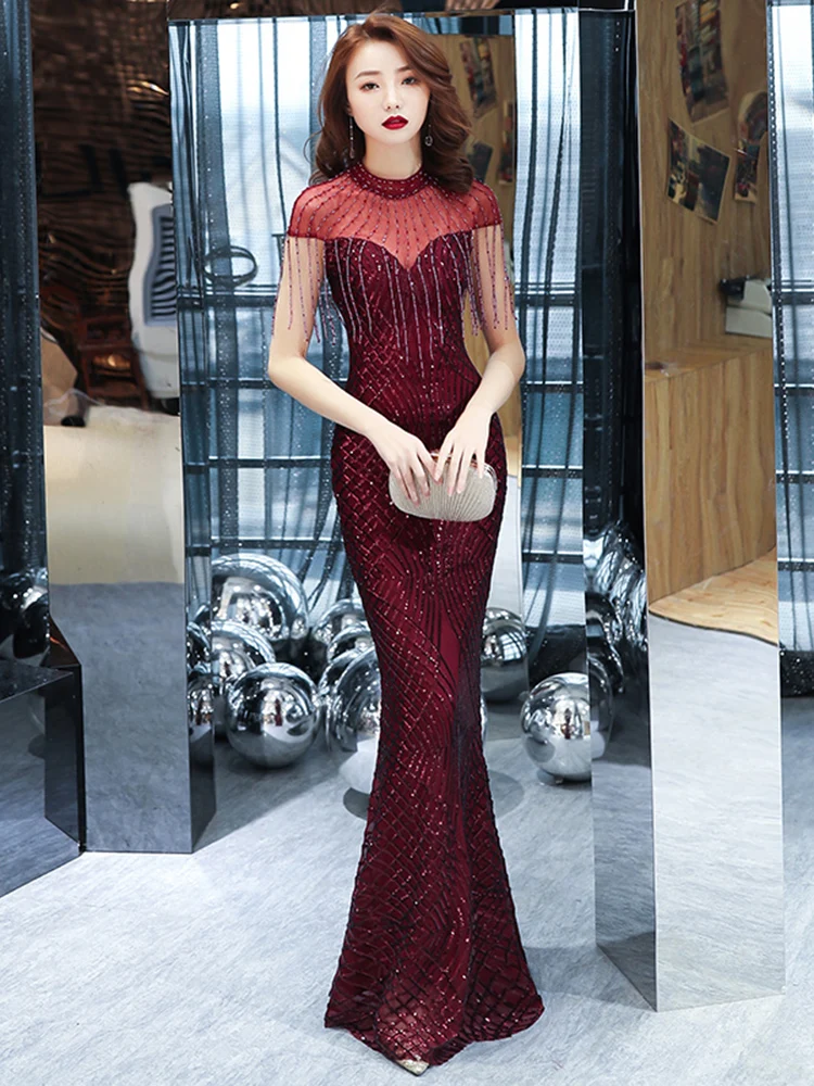 

Sequined Evening Dress Sexy Long Vestidos De Gala Luxury Robe De Soiree Tassel Mermaid Gown Vestido Largo Fiesta Noche Elegante