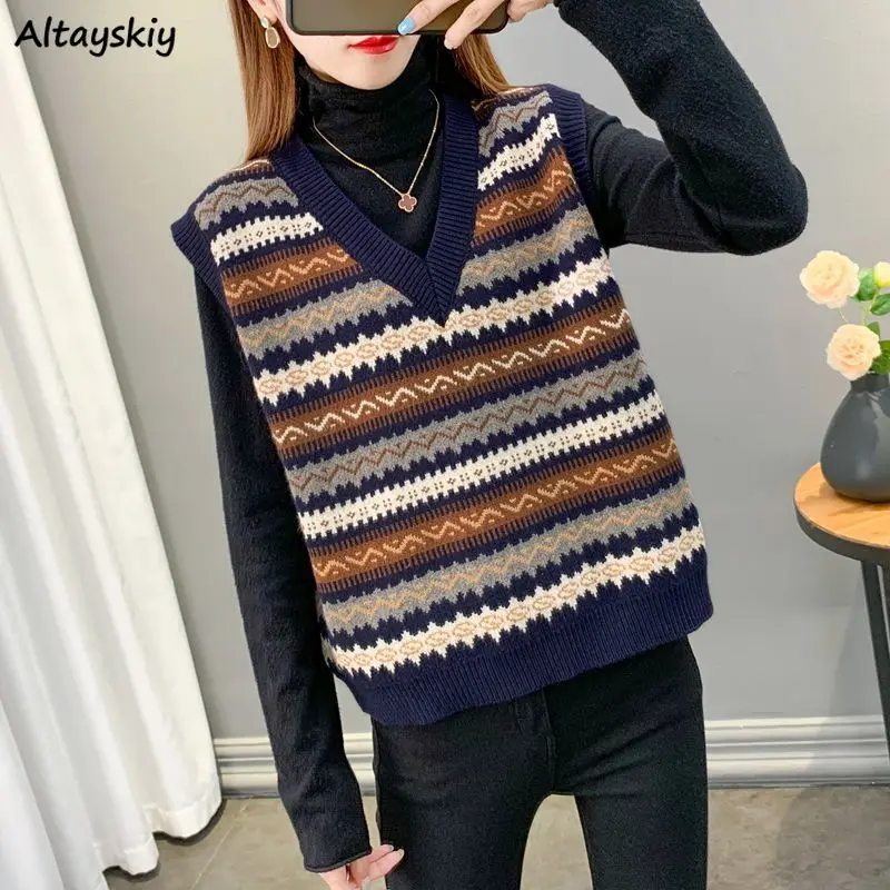 

Autumn Striped Sweater Vests Women V-neck Vintage Loose Jacquard Knitted Vest Female All-match Sleeveless Jumpers OL Elegant New