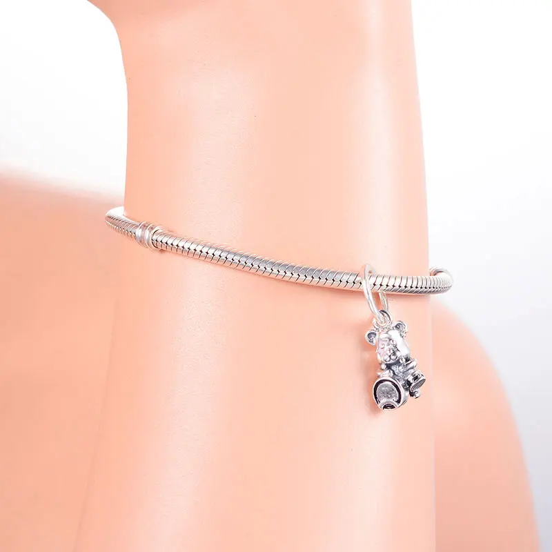 

925 Sliver Playing Bear Drums Crystal Pendant Charms Beads for Women Original Sterling Bracelets Bangle Necklace Jewelry DIY