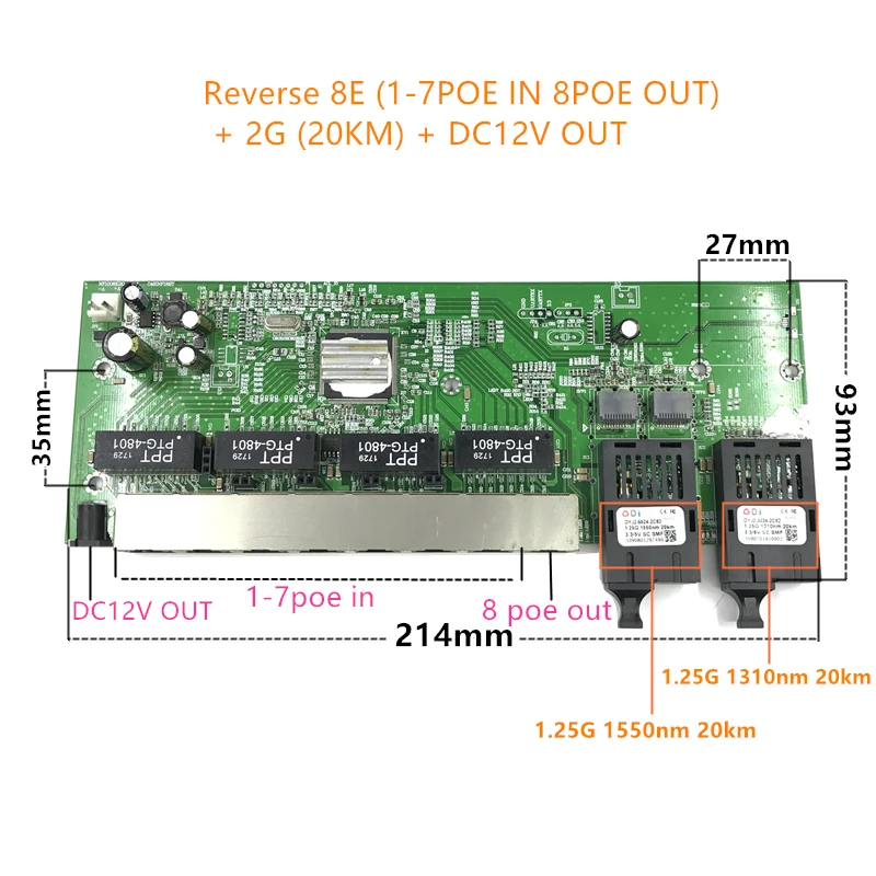 Reverse POE 10/100/1000M Gigabit Ethernet switch Fiber Optical Single Mode 8 RJ45 UTP&amp2 SC fiber Port Board SFP3KM/20KM |