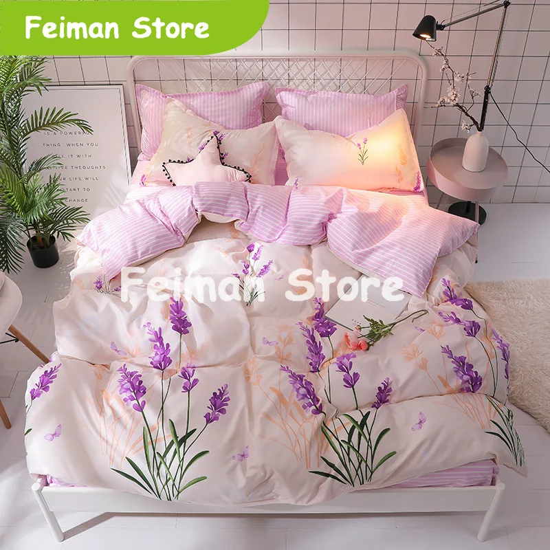 Лавандовый Комплект постельного белья Женский пододеяльник в полоску летний