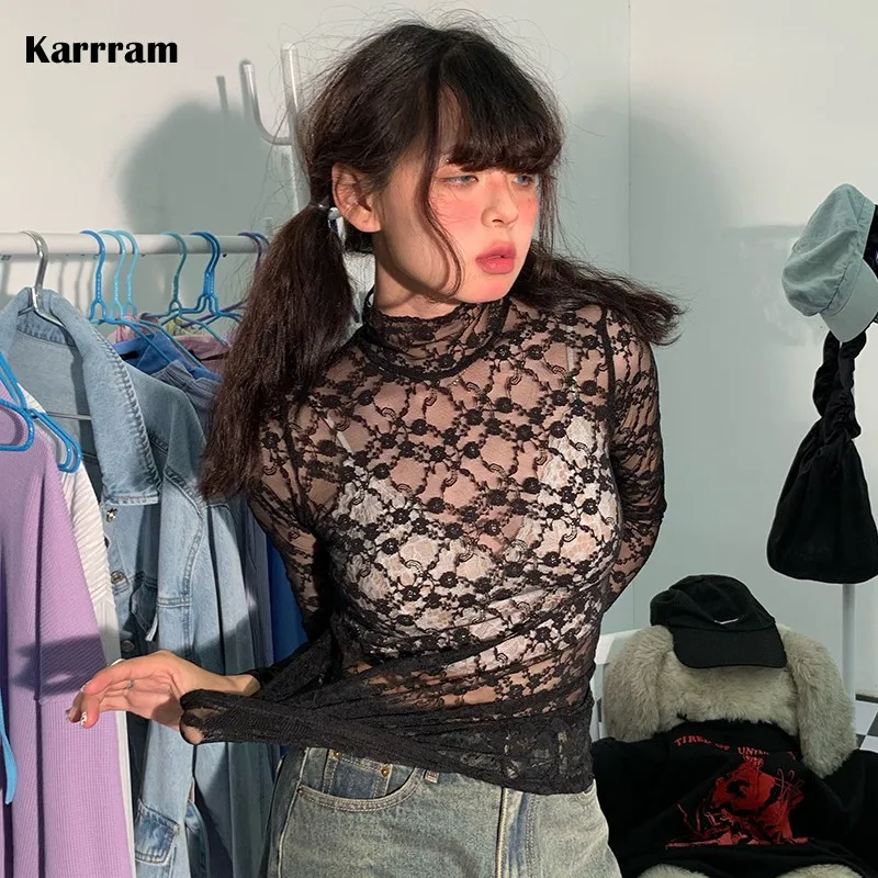 

Сексуальные черные кружевные сетчатые Топы Karrram, женская прозрачная полупрозрачная футболка с длинным рукавом, женские ажурные топы с высо...