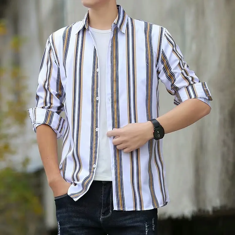 

2021 New Striped Shirt Men's Long-sleeved Casual Brand Shirt Men's Slim Striped Top Men's Clothing