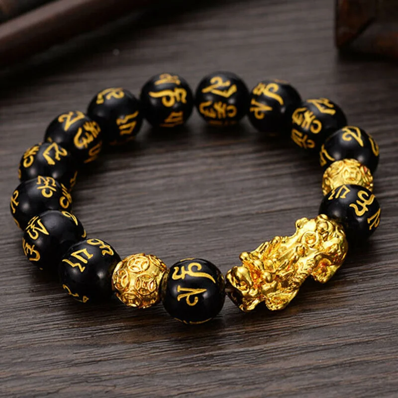 

Feng Shui Obsidian Stone Beads Bracelet Men Women Unisex Wristband Gold Black Pixiu Wealth and Good Luck Luxury Gold Charms