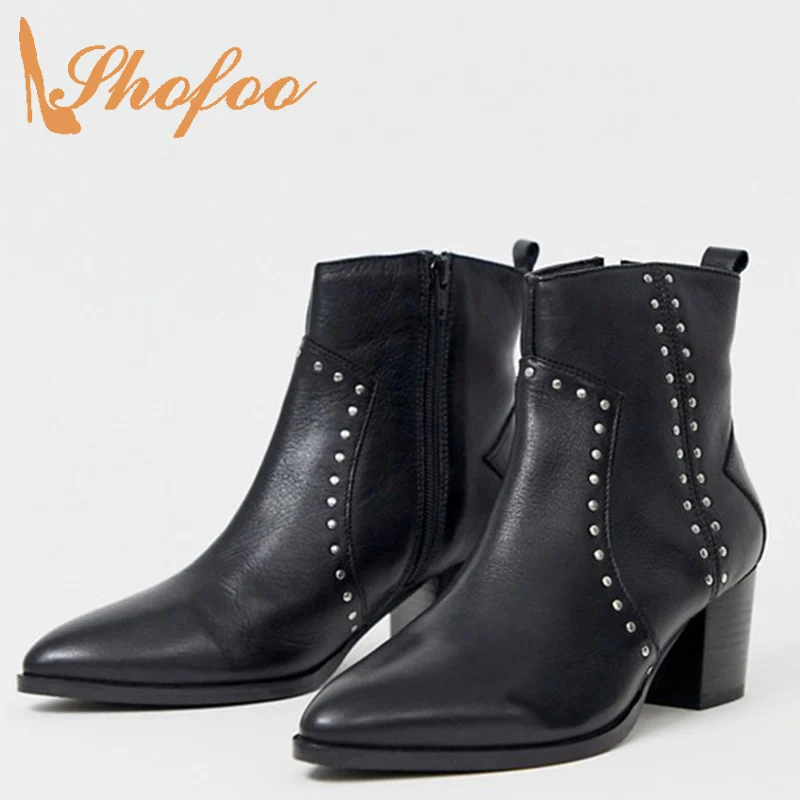 

Женские ботильоны на среднем каблуке, черные ботинки на молнии с острым носком и заклепками, зимняя модная обувь больших размеров 10, 15