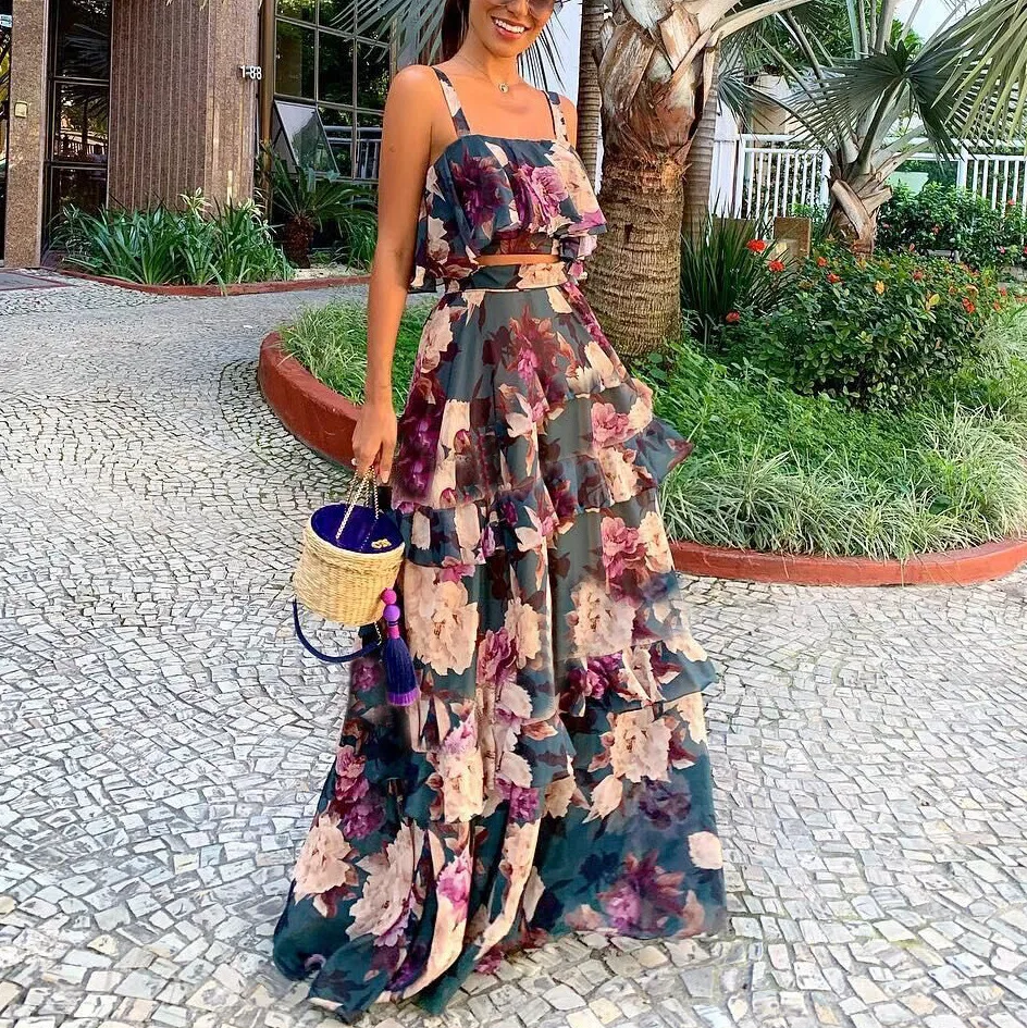 

2021 New Arrival Ladies Dress Casual Brand Sleeveless Sling Flower Theater Ruffle Elegant Gown Suitable for Formal Partie