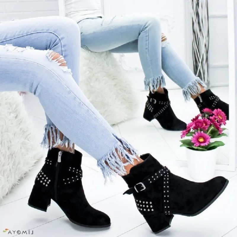 Женские обувь на осень-зиму ботильоны высоком каблуке ремешок с пряжкой