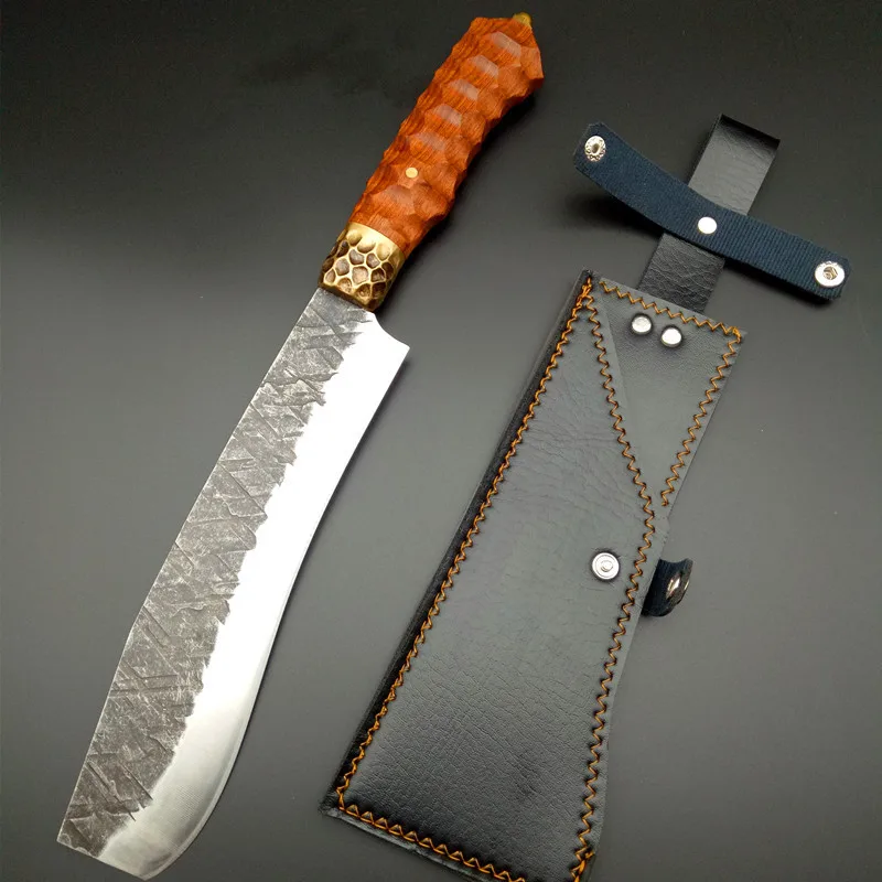 

Longquan 8,7 дюймовый Деревянный Нож для измельчения, кованые кухонные ножи ручной работы, острый охотничий нож для кемпинга с кобурой, медная мо...