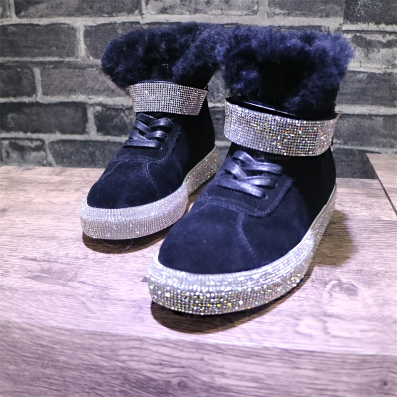 

2021 New European Station Net Red Star The same paragraph Rhinestone Leisure Wool Trifle Thick-bottomed short boots Lace Sticky