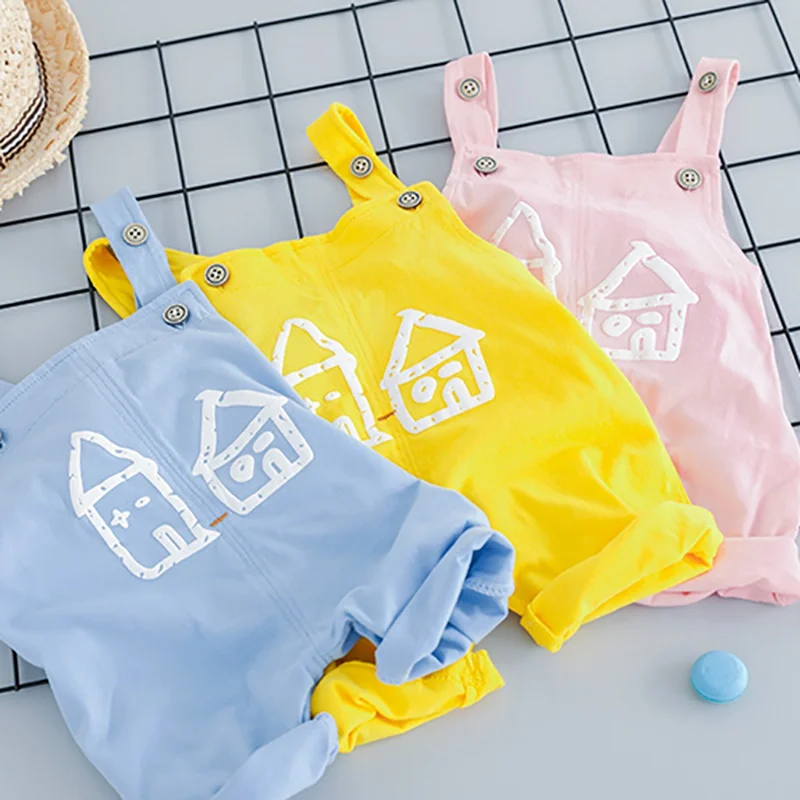 

Baby Girl Summer Cartoon Printed Short Sleeve Round Collar Casual Tops+Bib Pants