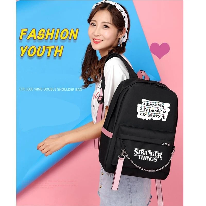 Холщовый Рюкзак с USB зарядкой и надписью очень странные дела|Женские рюкзаки| |