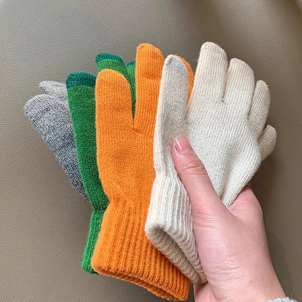 

2021 Winter Warm Knitted Full Finger Gloves Women Men Solid Color Touch Screen Mittens Thick Soft Cycling Driving Gloves