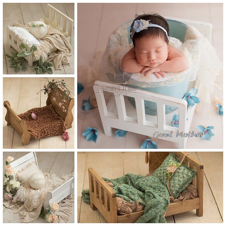 

Classic wooden bed newborn baby photo studio as an old retro container newborn photography props