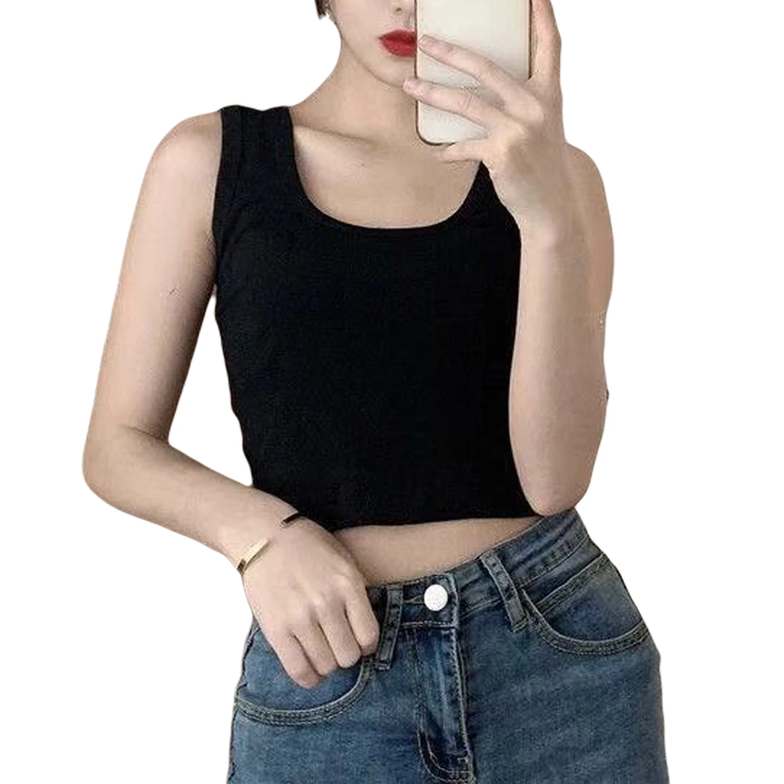 

2021 New Style Summer Women Solid Color Tank Top, Adults Casual Sleeveless U-shaped Neck Crop Top (White, Grey, Black) Hot Sale