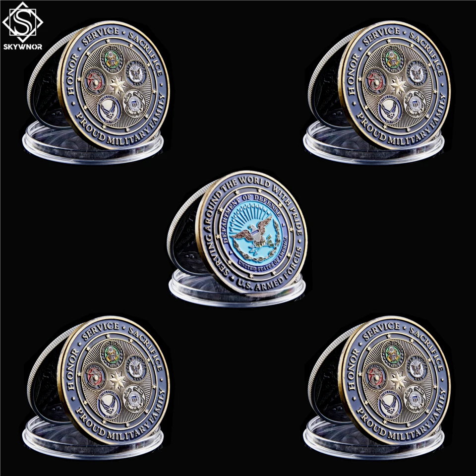 

5PCS Proud Military Family Army Navy USMC USAF USCG Serving Around The World With Pride Department of Defense Coin Collectibles