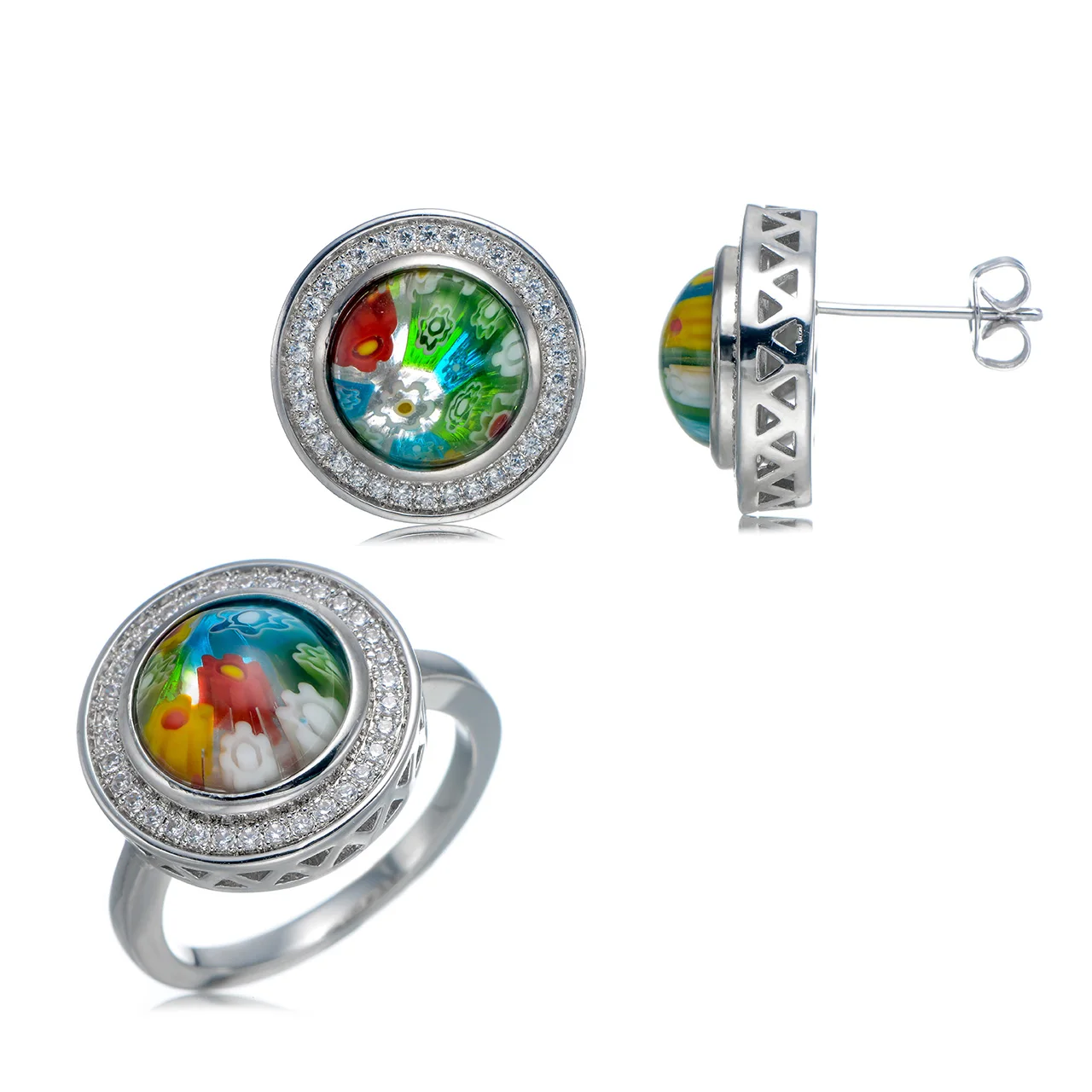

RIVERSTONE Lady Murano Glass Handmade Millefiori ring and earring set Rhodium Plated Hot Sale Multicolor Cluster Flower Vintage