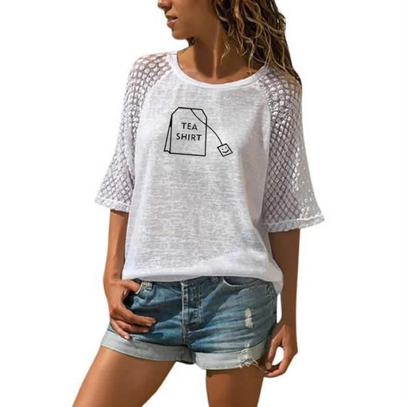 

Fashion T-Shirt For Women Tea Shirt Letters Print Lace Crew Neck T-Shirt Tshirt T-Shirt Tops Streetwear