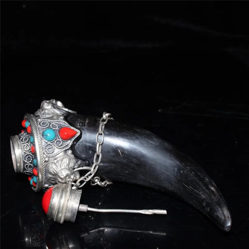 

Табачная бутылка Niujiao ручной работы из серебра с инкрустацией из Натуральной Бирюзы, с тонкой отделкой, семейная коллекция