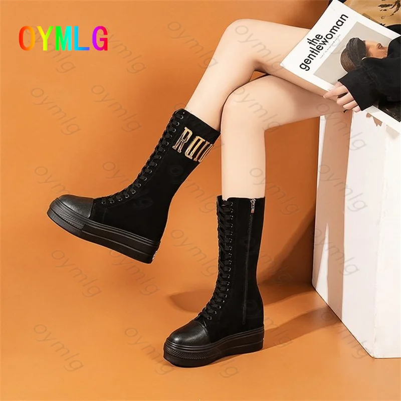 

Thick-soled Inner Heightened Mid-tube Boots Canvas Wedge Super High-heeled Long Boots Autumn Winter New Style Martin Boots Women