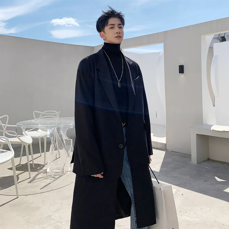 

Осенний мужской костюм, пальто средней и длинной длины, индивидуальный съемный дизайн, однобортные черные куртки, новинка 2021, шикарные блей...