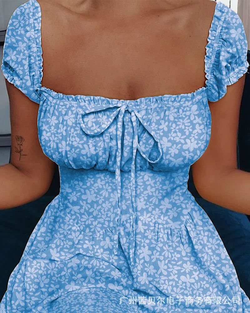 

WEPBEL Women Dress High Waist Sexy Mini Dress New Square Collar Ruffles Floral Printed Summer New