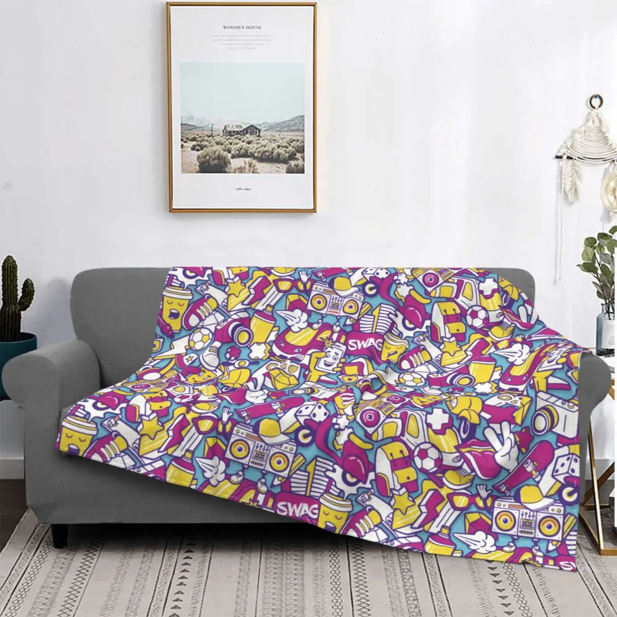 

Personalized Graffiti Plaid Blanket Color Pattern Printed Stitch Cotton Breathable Coral Fleece Throw Blankets For Sofa Office