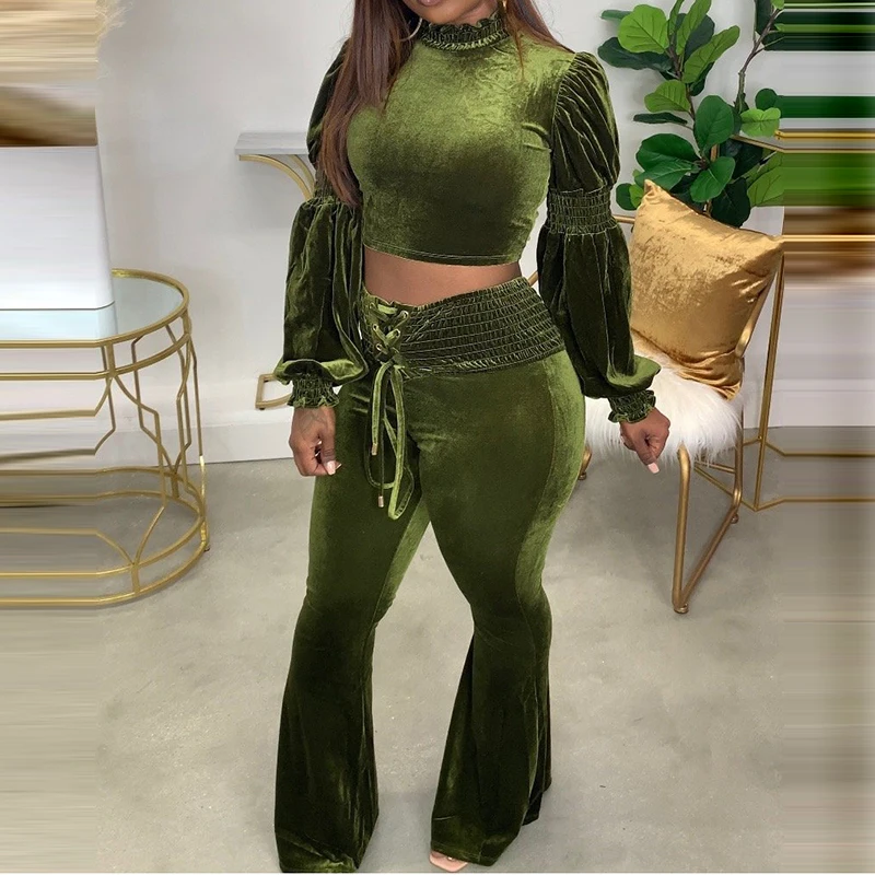 

Women Solid Velvet Pleats Drawstring Design Long Sleeve Tops & Flare Pants Set