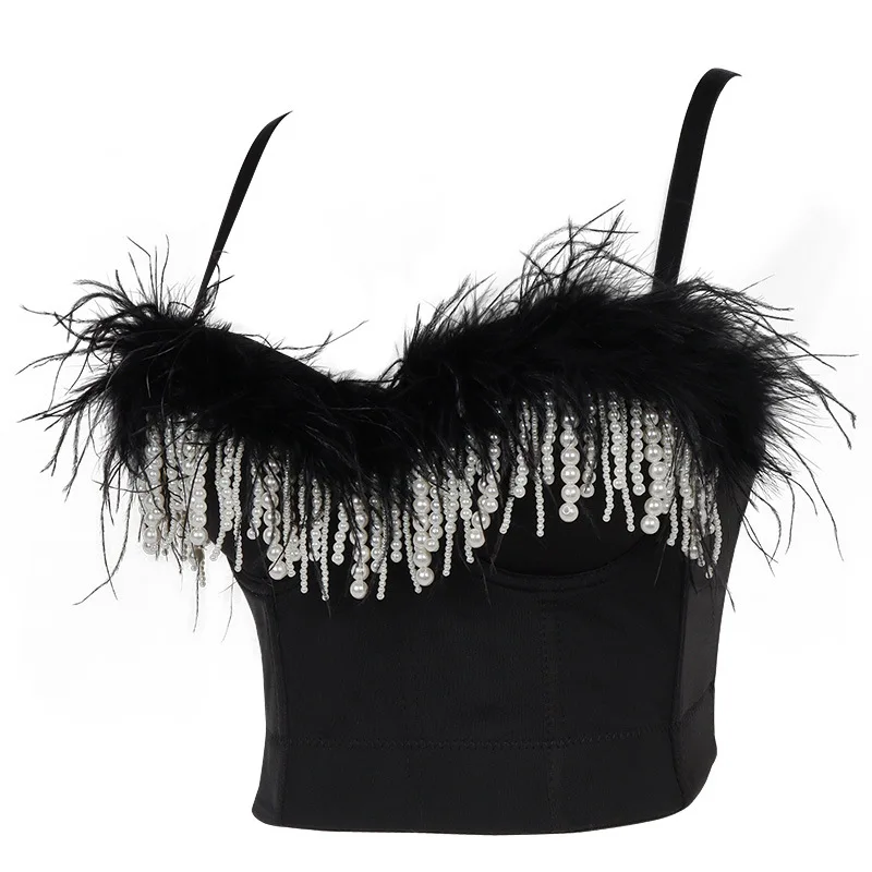 2021 New Female Short Camisole Top Feather Pearl Tassel Crop Top Bustier Bra Night Club Party Sexy Tank Tops Y742