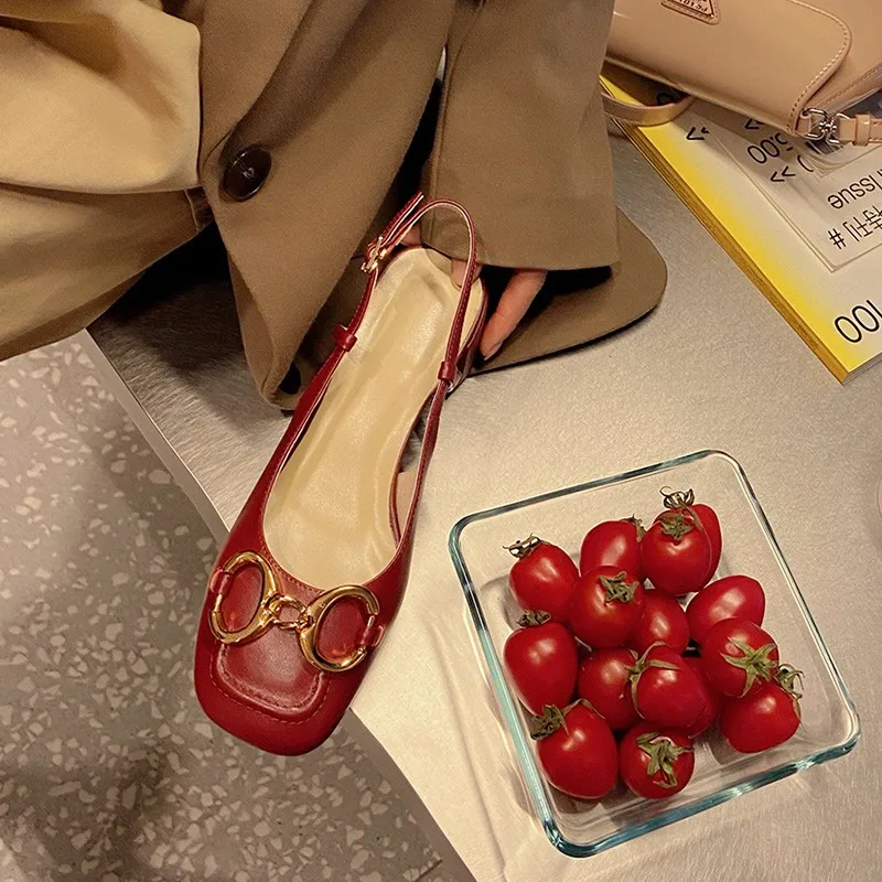

Handmade New 2021 Fashion Summer Women Sandals Shoes Square Toe Genuine Leather Chunky Medium Heels Back Empty Sandals Wine Red