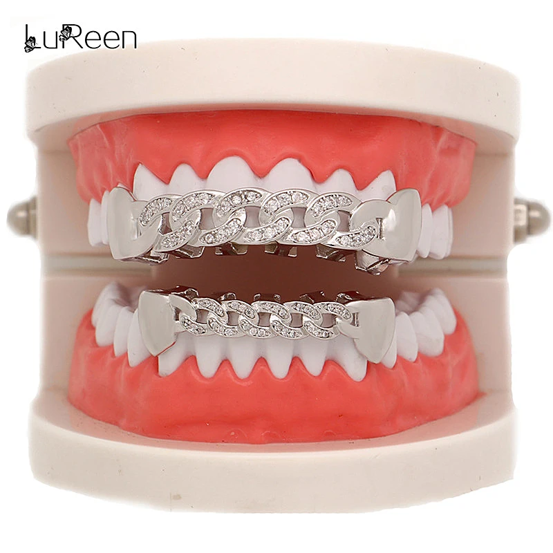 LuReen/золотистые полые зубцы с цепочкой со льдом для вампира Fangs Grillz золотые