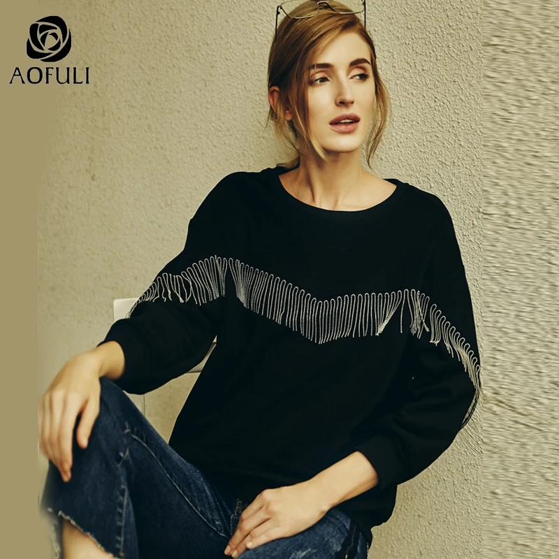 L~ 4XL 5XL Beadings Tassel Women Cotton Sweatshirt Black Long Batwing Sleeve Tee Shirt Big Size Ovesize Casual Tops AOFULI A4074