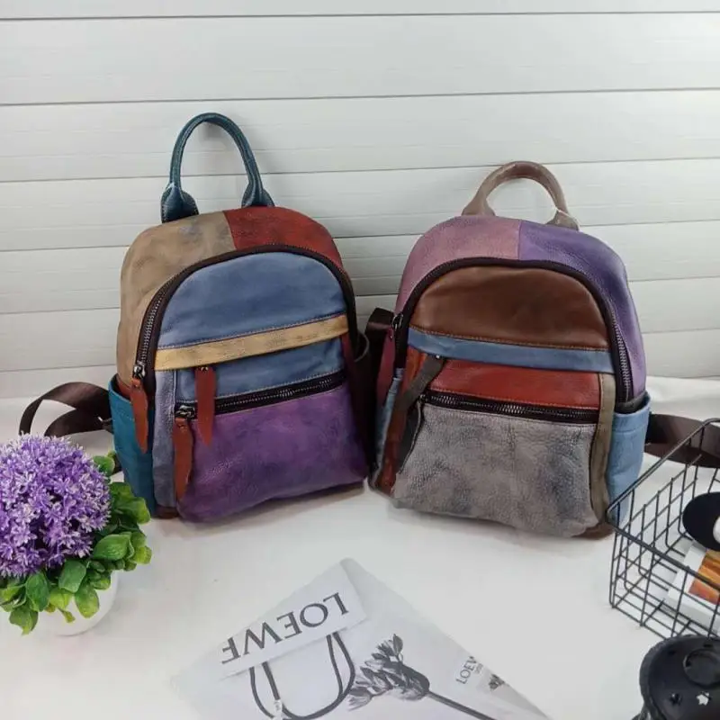 Женский винтажный рюкзак на плечо Johnature из воловьей кожи с вставками в стиле