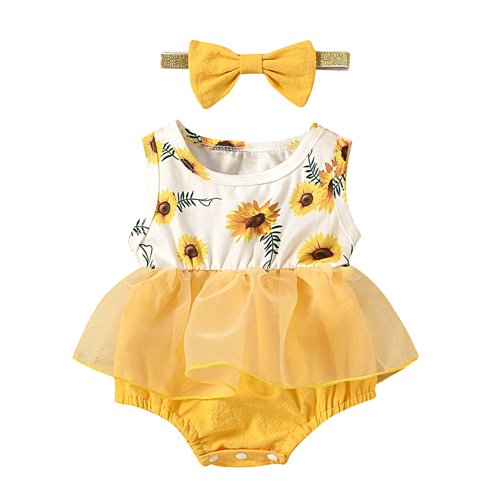 

Baby Girl’s 0-24M Casual Sleeveless Romper Fresh Flower Mesh Yarn Stitching Jumpsuits and Headband