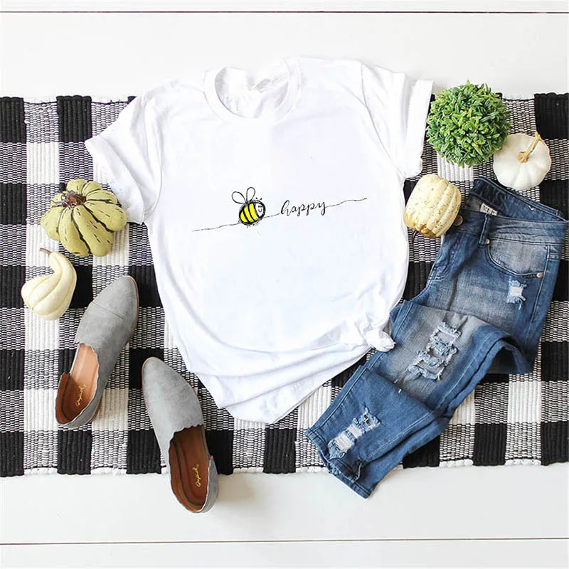 

New 2021 Summer kawaii fashion tshirt Bee Happy Print T Shirt Women streetwear Hipster o neck tshirt Female Harajuku Loose Tee