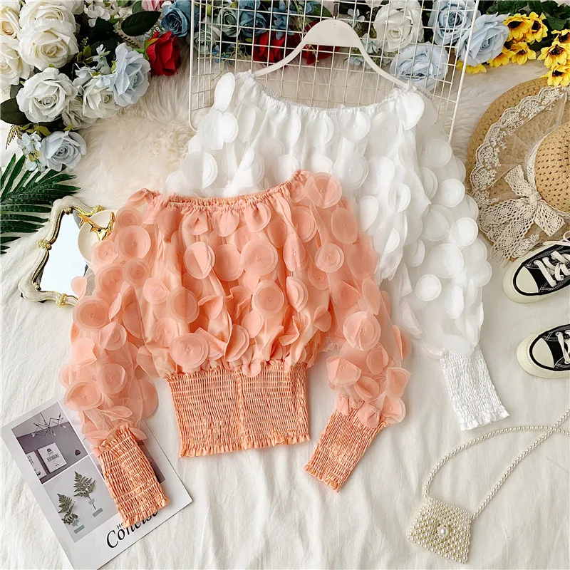 

2021 Sexy Tops Shirt Sexy Slash neck Polka Dot Mesh Patchwork lantern Sleeveorganza See Through Long Sleeve Women Tops Blouse