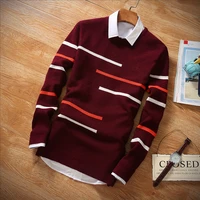 fall winter men contrast color striped knitted crew neck inner sweater slim long sleeve pullover leisure warm sweater 2021
