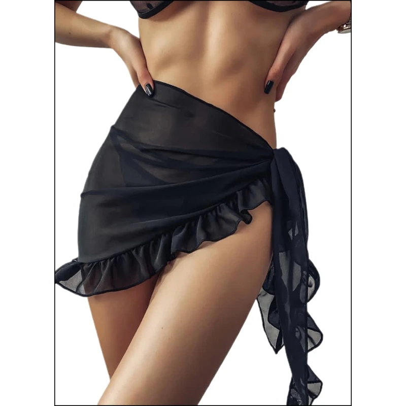 

57ED Womens Ruffled Short Sarongs Beach Wrap Swimsuit Swimwear Bikini Tankini Sheer Chiffon Cover Up Swim Skirt Swimdress Scarf