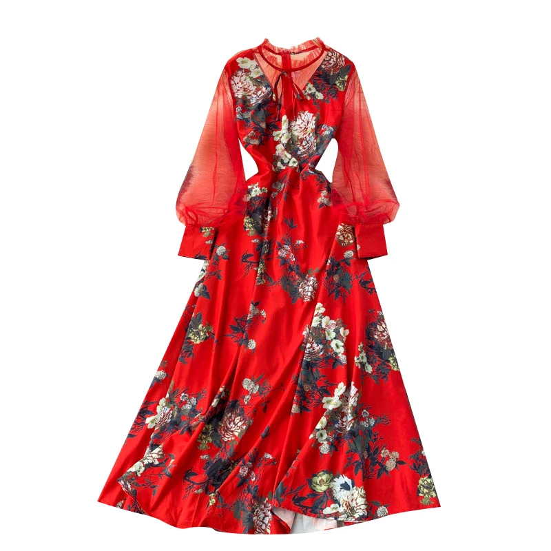 

perspective mesh bubble sleeve stitching French elegant printing waist down show thin temperament dress women's summer