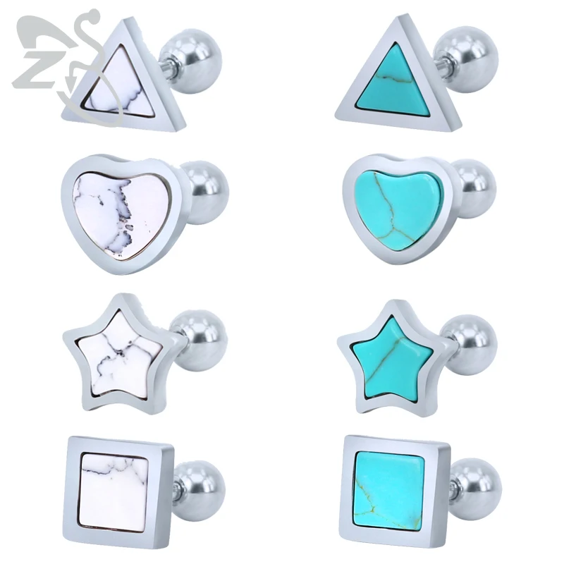 

ZS 2 Pcs/lot Blue White Color Stone Stud Earrings For Women Heart Star Shape Earrings High Quality Stainless Steel Tiny Pendient